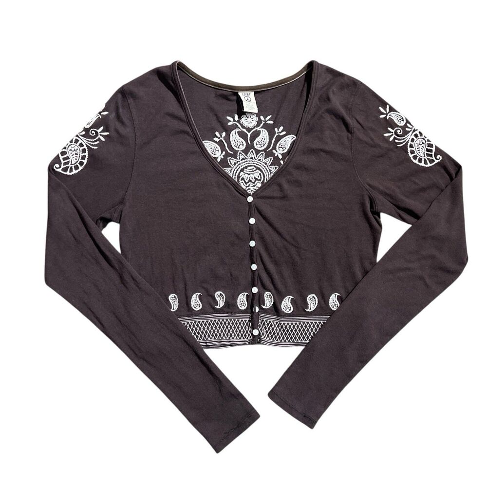 VTG Y2K Lucky Brand Embroidered Cardigan Sweater Crop Women’s Sz M Brown Cotton